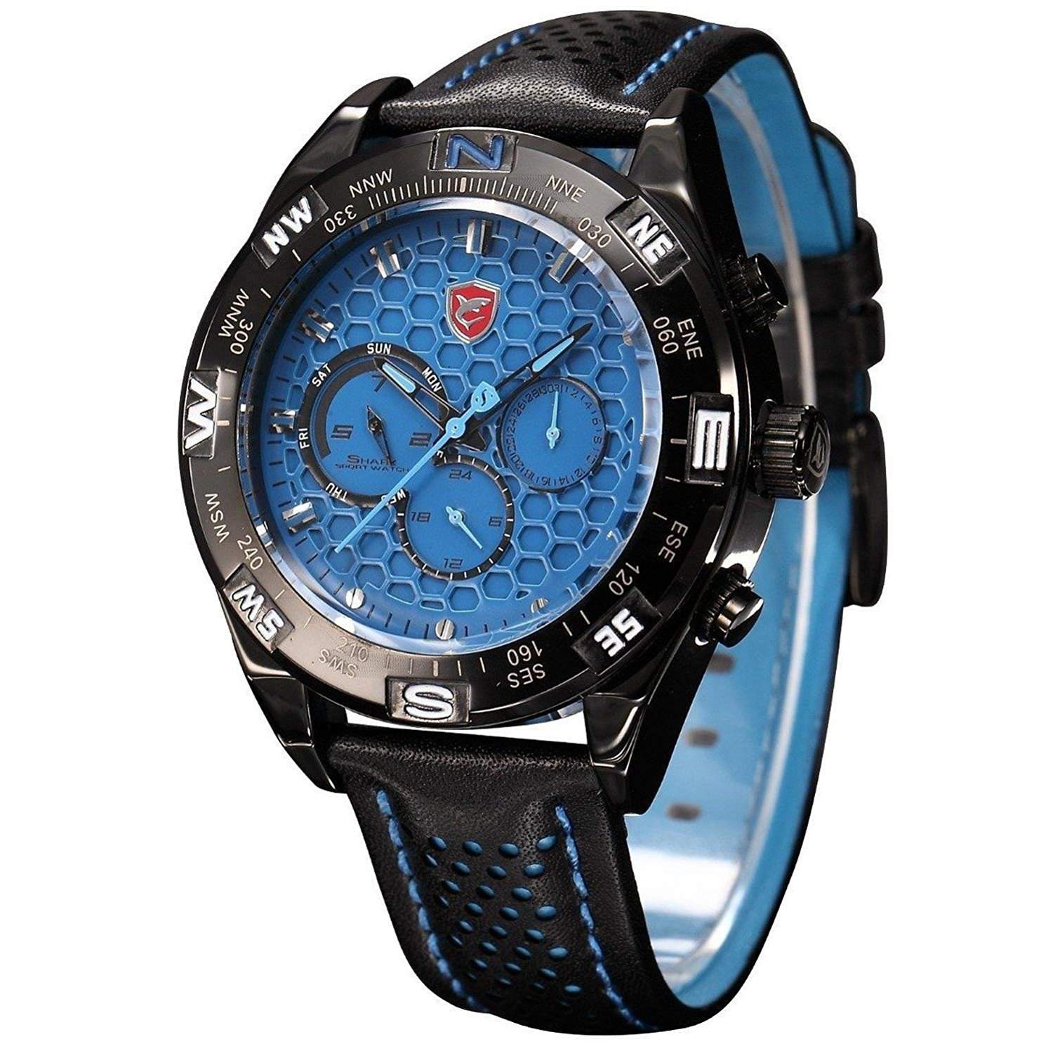 Shark Sportuhr XL gross Herren Uhr Analog Quarzuhr Blau Armband Uhr Leder