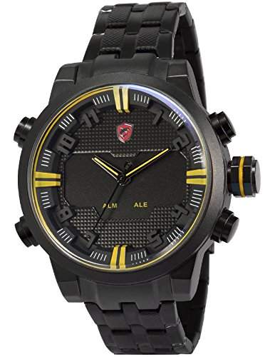 Shark Herren LED Armbanduhr XXL Analog Digital Datumanzeige Schwarz Edelstahl Uhrband SH198