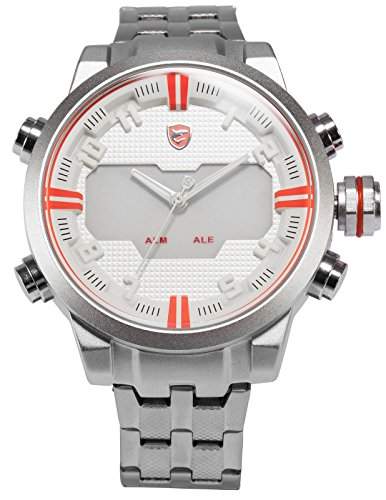 Shark Herren LED Armbanduhr XXL Analog Digital Datumanzeige Silber Edelstahl Uhrband SH200