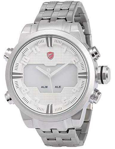 Shark Herren LED Armbanduhr XXL Analog Digital Datumanzeige Silber Edelstahl Uhrband SH202