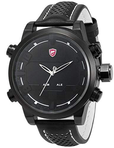 Shark Herren Armbanduhr Quarzuhr LED Sportuhr Schwarze Armband aus Leder SH205
