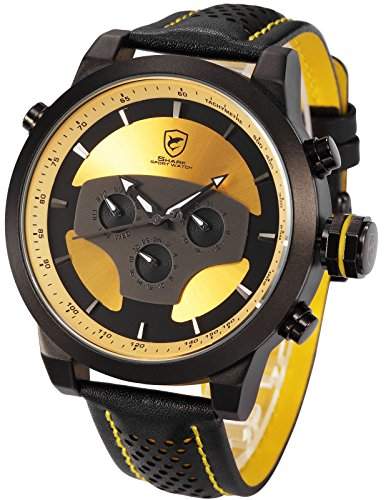 Shark Herren Armbanduhr Quarzuhr Schwarze Armband aus Leder Datumanzeige Sportuhr SH208