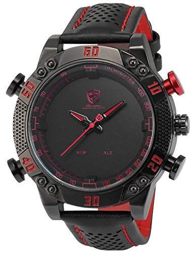 Shark Herren LED Digital Analog Armbanduhr XXL Schwarz Rot Leder Uhrband SH230