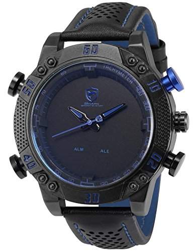 Shark Herren LED Digital Analog Armbanduhr XXL Schwarz Blau Leder Uhrband SH232