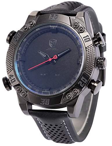 Shark Herren Armbanduhr Quarzuhr Schwarze Armband aus Leder Analog LED Anzeige mit Datumanzeige SH234 Grau