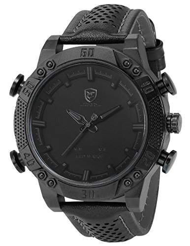 Shark Herren Armbanduhr Quarzuhr Schwarze Armband aus Leder Analog LED Anzeige mit Datumanzeige SH262 Grau
