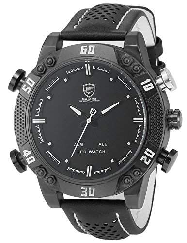 Shark Herren Armbanduhr XXL Leder Uhrband Analog LED Anzeige mit Datumanzeige SH264