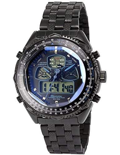 Shark Herren Armbanduhr Quarz Analog Digital Datumanzeige Schwarz Edelstahl Armband SH306