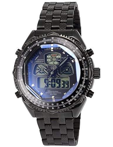 Shark Herren Armbanduhr Quarz Analog Digital Datumanzeige Schwarz Edelstahl Armband SH308