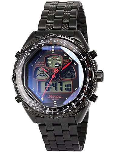 Shark Herren Armbanduhr Quarz Analog Digital Datumanzeige Schwarz Edelstahl Armband SH309