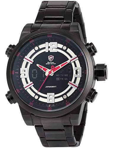 Shark Herren LCD Digital Armbanduhr XXL Schwarz Edelstahl Uhrband SH340