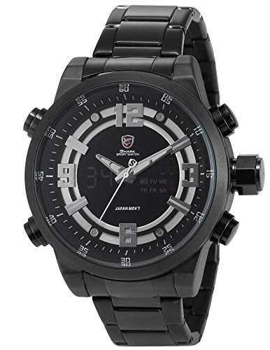 Shark Herren LCD Digital Armbanduhr XXL Schwarz Edelstahl Uhrband SH344
