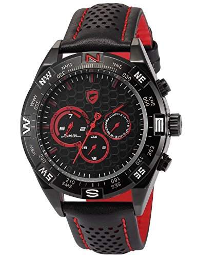 Shark Herren Armbanduhr Analog mit Datum Wochentag 24 Std Anzeige Leder Band SH420 Schwarz Rot Uhr