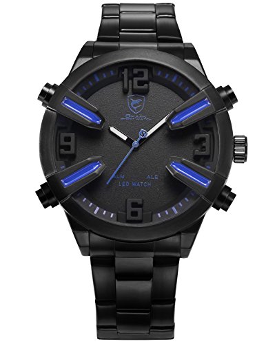 Shark Herren LED Armbanduhr Analog Digital Schwarze Uhr Edelstahl Armband Alarm Datums und Wochenanzeige SH321