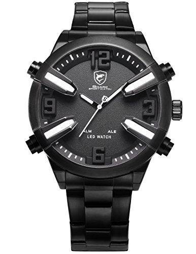 Shark Herren LED Armbanduhr Analog Digital Schwarze Uhr Edelstahl Armband Alarm Datums und Wochenanzeige SH323