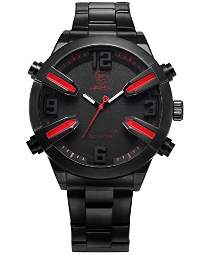 Shark Herren LED Armbanduhr Analog Digital Schwarze Uhr Edelstahl Armband Alarm Datums und Wochenanzeige SH320