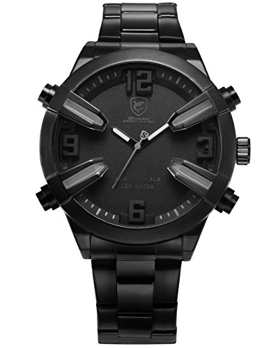 Shark Herren LED Armbanduhr Analog Digital Schwarze Uhr Edelstahl Armband Alarm Datums und Wochenanzeige SH324