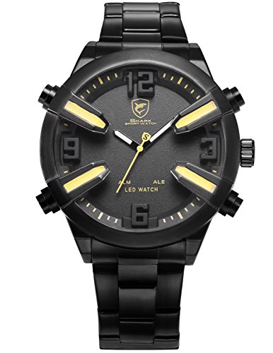 Shark Herren LED Armbanduhr Analog Digital Schwarze Uhr Edelstahl Armband Alarm Datums und Wochenanzeige SH322