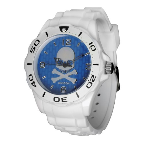 Waooh Uhr Skull and Crossbones 44 Weiss Zifferblatt farbe Blau Silikon Armband