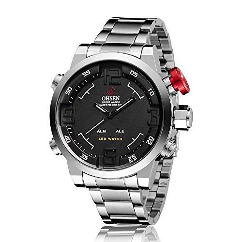 ShoppeWatch Herren LED Uhr Silber Ton Metall Band Dual Zeit Dial Gross Zurueck Gesicht Tage Datum Relojes OH 255