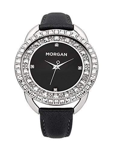 Damen Morgan De Toi Schwarz Leder Armband Uhr M1206B Schwarzes Zifferblatt und strass steine