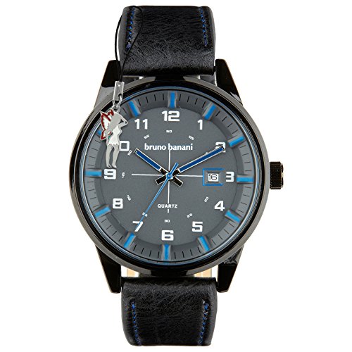 Bruno Banani Okan Leder-Armband schwarz Quarz-Uhr Ziffernblatt anthrazit schwarz blau